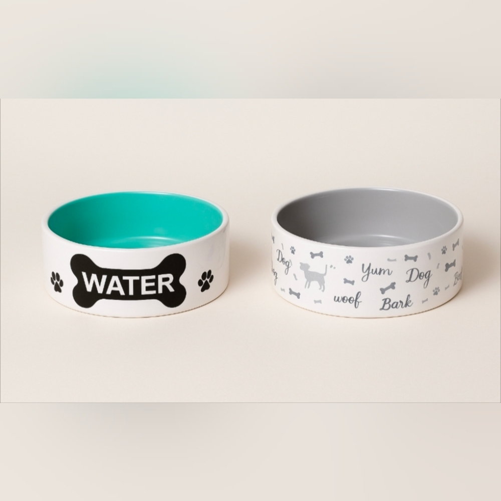 🐾 Whimsical Ceramic Dog Water & Food Bowl Set Small, Durable & Cute NWOT